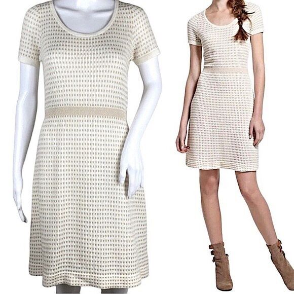 Anthropologie Sparrow Cream Gold Gilt Grid Sweater Dress Size Small - Picture 1 of 11